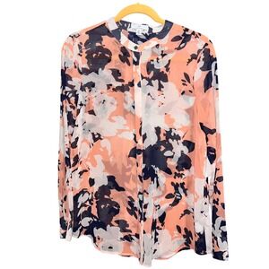 NWT H By Halston Dressy Tunic Top Size S/P Floral Print Peach Navy White Sheer
